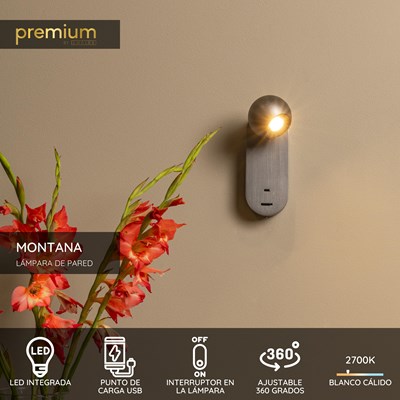 Lucide MONTANA - Lámpara de pared - LED - CCT - 1x6,3W 2700K/4000K - Con punto de carga USB - Hierro gris | Premium